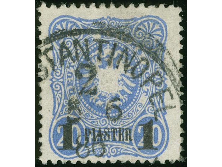 1884, Aufdruck auf Pfennig 1 Pia. auf 20 Pfg. lebhaftkobalt, verbreitertes Format, sauber gestempelt “CONSTANTINOPEL 2 DEUTSC