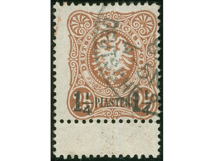 1884, Aufdruck auf Pfennig 1 ¼ Pia. auf 25 Pfg. orangebraun, mit Aufdruckfehler “1 vom linken ¼ verkürzt”, unten Zwischensteg