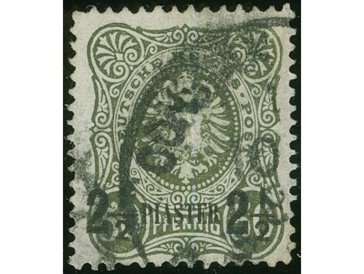 1884, Aufdruck auf Pfennig 2 ½ Pia. auf 50 Pfg. oliv, mit Plattenfehler “fehlende Spitzenausfüllung Mitte rechts” (Feld2), sa
