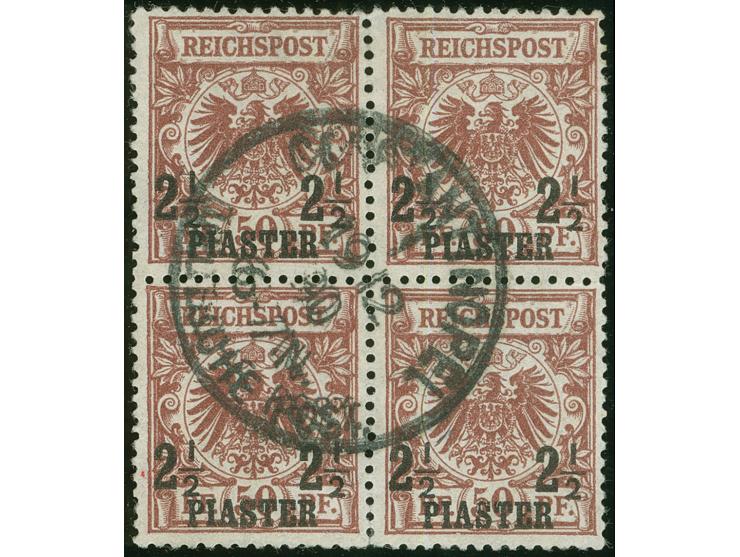 1889, Krone/Adler 2 ½ Pia. auf 50 Pfg. braunrot, Viererblock, sauber gestempelt “CONSTANTINOPEL 1 DEUTSCHE POST 19/12/90”, ta