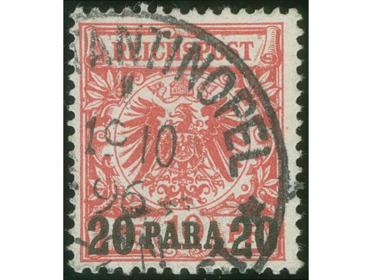 1889, Krone/Adler 20 Pa. auf 10 Pfg. mittelrot (dunkelgelb leuchtend), mit Plattenfehler “Keil in linker Umrandungslinie zwis