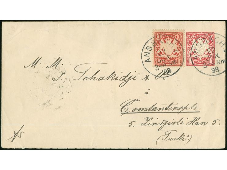 1883, Ganzsachen-Umschlag Wappen 10 Pfg. rosa mit wertgleicher Zusatzfrankatur 10 Pf &nbsp;von “ANSBACH 22 JUN 98” nach Konst
