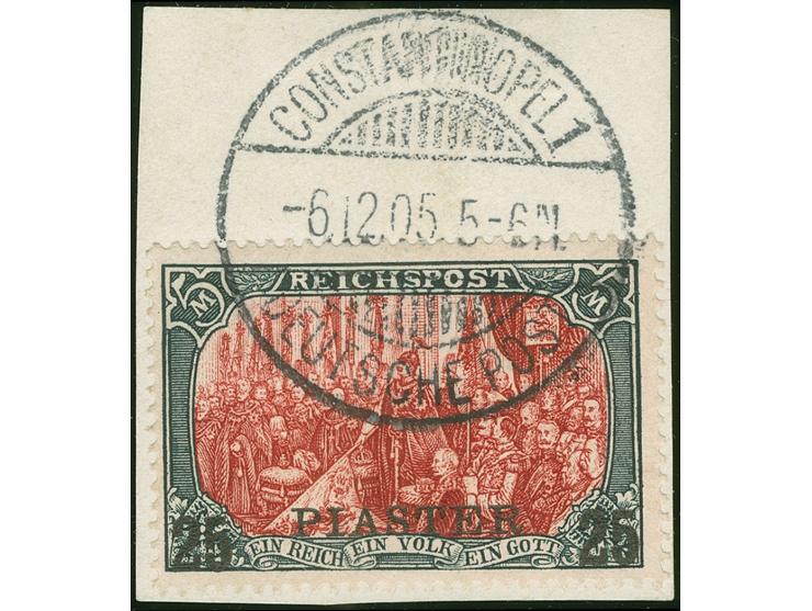 1900, Germania 25 Pia. auf 5 M. grünschwarz/bräunlichkarmin, Urmarkentype II, sauber gestempelt “CONSTANTINOPEL 1 6.12.05” au