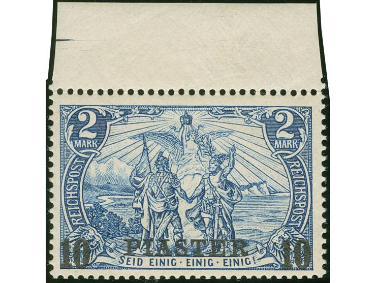 1902/04, Aufdrucktype II 10 Pia. auf 2 M. schwärzlichblau, Urmarke Type I, Oberrandstück, postfrisch, tadellos, unsigniert, F