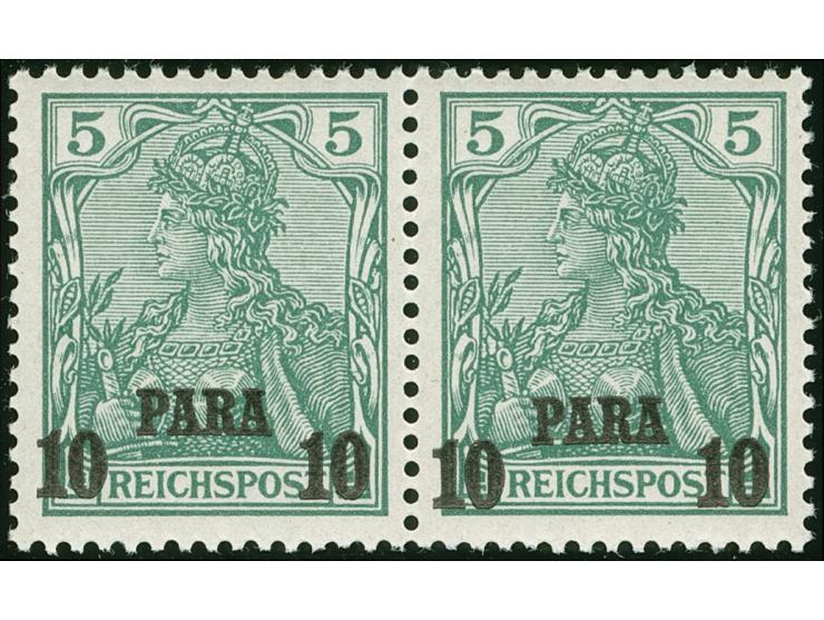 1902/04, Aufdrucktype II 10 P. auf 5 Pfg. dunkelgrün, waagerechtes Paar mit verschieden hoch stehendem Aufdruck, postfrisch, 