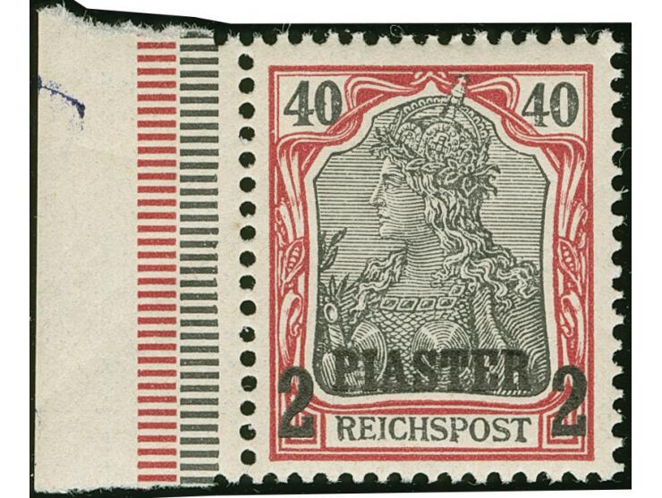 1900, Aufdrucktype I 2 Pia. auf 40 Pfg. rotkarmin/schwarz, linkes Seitenrandstück mit Plattenfehler “Linkes R-Bein ohne Serif