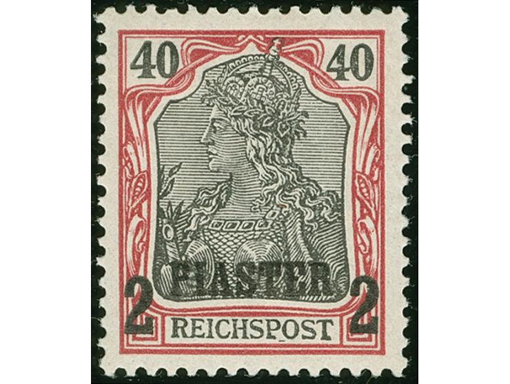 1900, Aufdrucktype I 2 Pia. auf 40 Pfg. dunkelrötlichkarmin/schwarz, mit Plattenfehler “Buchstaben P und T mit klobig vergröß