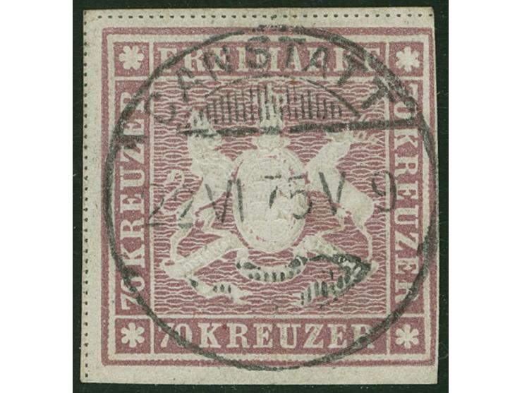 1873, 70 Kr. braunlila, Bogenfeld 4, farbfrisch, knapp- bis breitrandig geschnitten, links und oben mit praktisch kompletten 