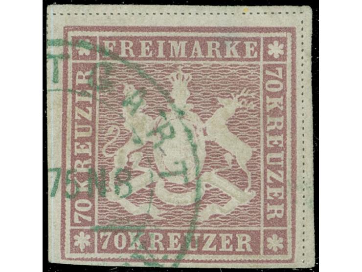 1873, 70 Kr. braunlila, Bogenfeld 3, farbfrisch, dreiseitig breitrandig geschnitten, oben und rechts mit vollständiger Trennu