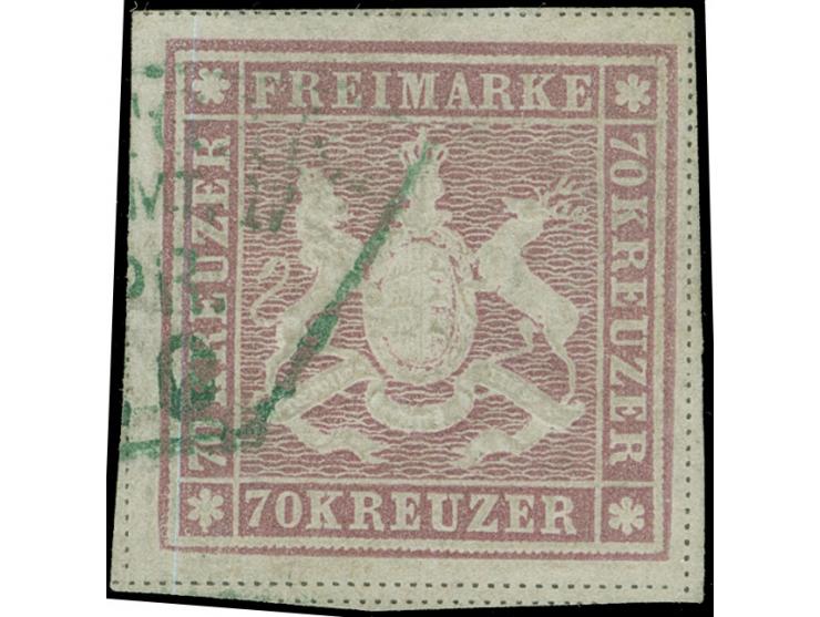 1873, 70 Kr. braunlila, Bogenfeld 3, farbfrisch, allseits breitrandig geschnitten, mit allseits sichtbaren Trennungslinien, m