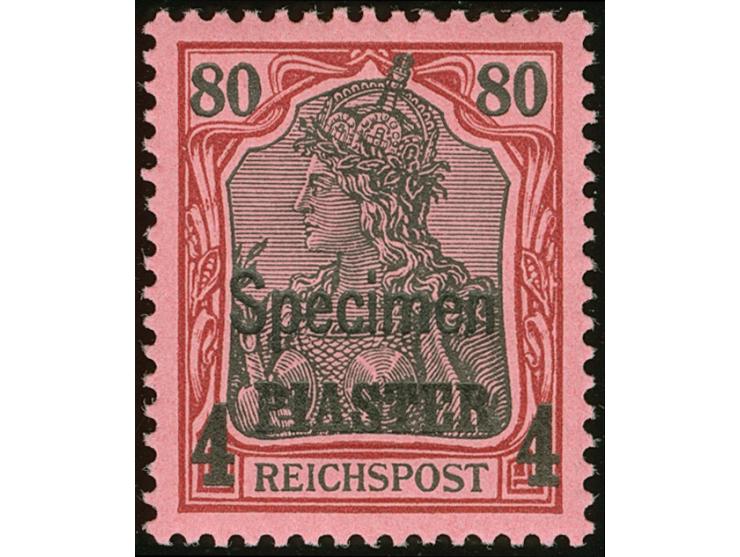 1900, Aufdrucktype I 4 Pia. auf 80 Pfg. dunkelrötlichkarmin/rotschwarz auf mattkarmin, mit Aufdruck “Specimen”, postfrisch, t