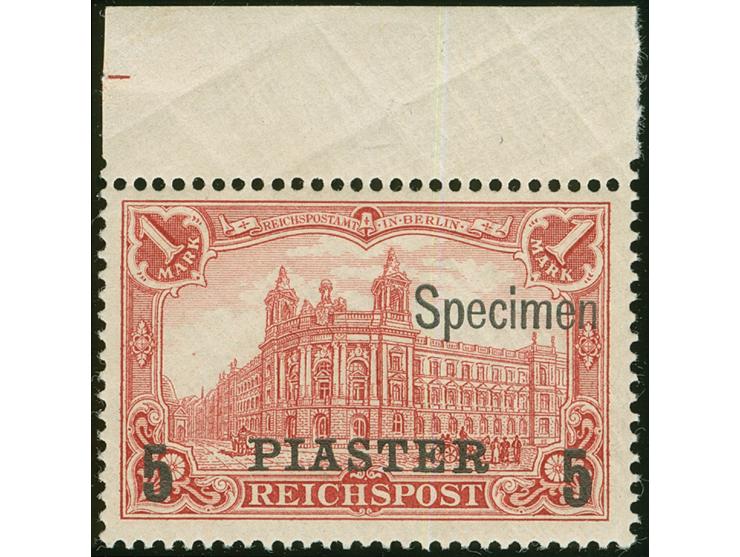 1902/04, Aufdrucktype II 5 Pia. auf 1 M. dunkelkarminrot, Oberrandstück mit Aufdruck “Specimen”, postfrisch, Falzrest im Ober