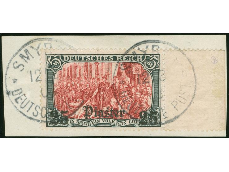 1905, Germania o.Wz. 25 Pia. auf 5 M. grünschwarz/dunkelkarmin, UV gelblichrot leuchtend, rechtes Seitenrandstück, sauber ges
