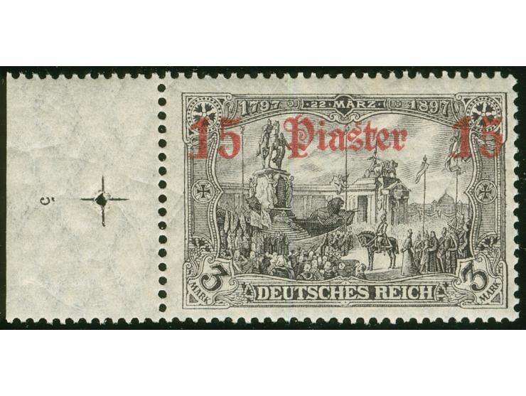 1905/13, Germania mit Wz. 15 Pia. auf 3 M. schwarzbraunviolett, linkes Seitenrandstück mit Plattennummer “5” und Passerkreuz,