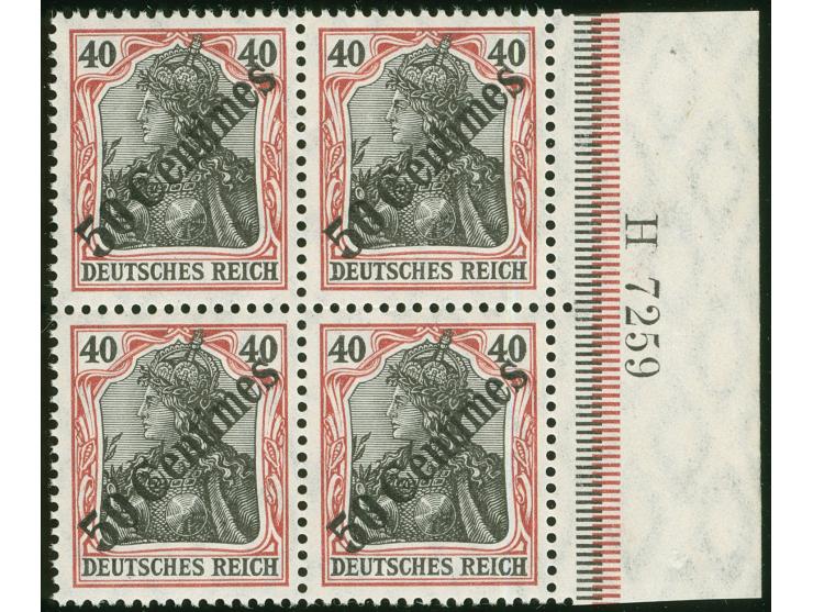 1908, Diagonalaufdruck 50 C. auf 40 Pfg. dunkelrötlichkarmin/schwarz, Viererblock mit rechtem Seitenrand und Ur-HAN “H 7259”,
