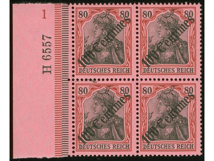 1908, Diagonalaufdruck 100 C. auf 80 Pfg. dunkelrötlichkarmin/schwarz auf mattrosarot, Viererblock mit linkem Seitenrand und 