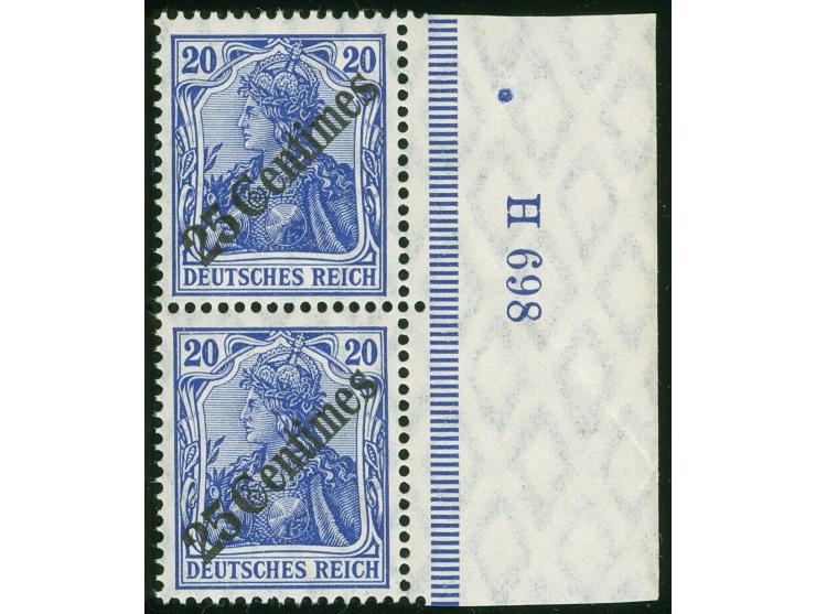1908, Diagonalaufdruck 25 C. auf 20 Pfg. lebhaftlilaultramarin, senrekchtes Paar mit rechtem Bogenrand mit Ur-HAN "H 698", po