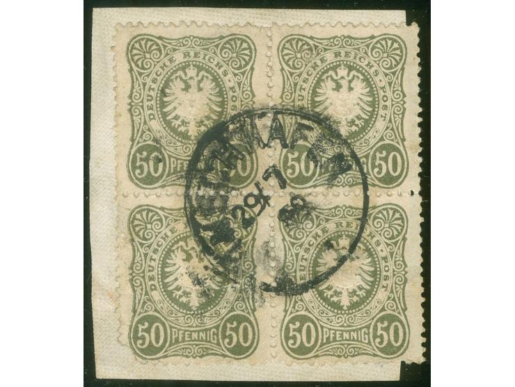 1888/90, Pfennig 50 Pfg. oliv, Viererblock, sauber gestempelt “FINSCHHAFEN 29/7/89” auf Briefstück, linke untere Marke Ecke u