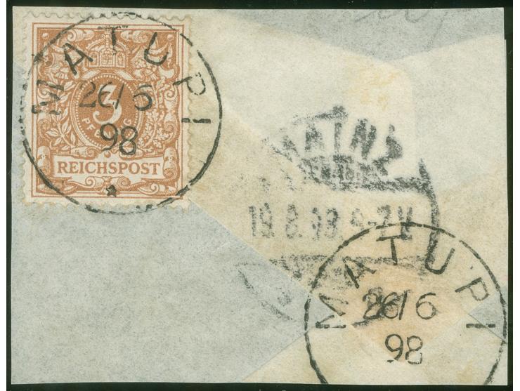 1890/98, Krone/Adler 3 Pfg. hellockerbraun, sauber gestempelt “MATUPI 26/6 98” auf Briefstück, tadellos, sign. Dr. Lantelme B