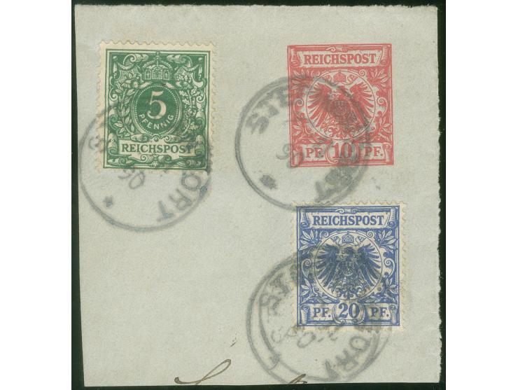 1890/98, Krone/Adler 5 Pfg. grün und 20 Pfg. mittelultramarin, gemeinsam auf Ganzsachenausschnitt 10 Pfg. Krone/Adler mit Ste