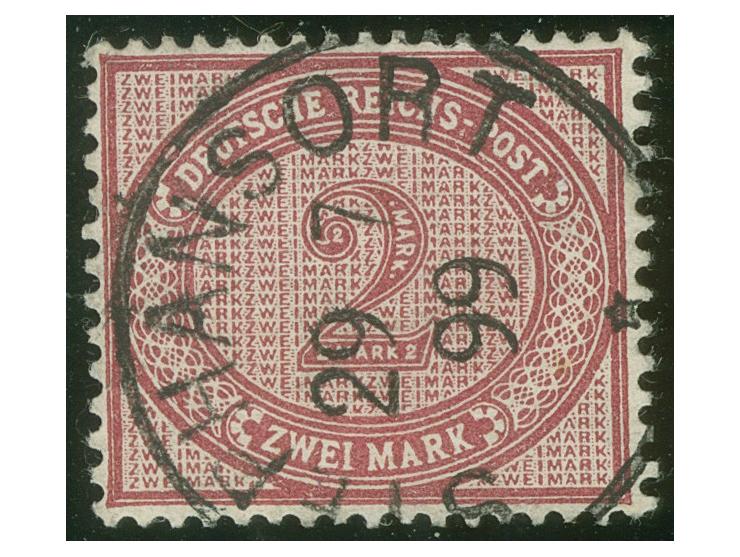 1890/98, Innendienst 2 M. dunkelrotkarmin, mit Plattenfehler “große Unterbrechung in der Guilloche unten links”, sauber geste