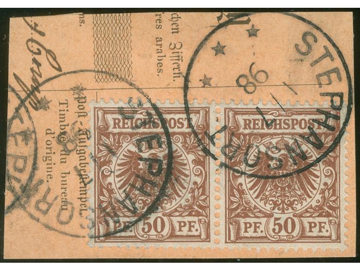 1898, Krone/Adler 50 Pfg. lebhaftrotbraun, waagerechtes Paar, sauber gestempelt “STEPHANSORT *** 1/7 98” auf Postanweisungsau