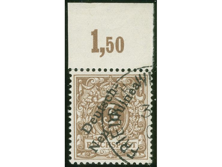 1897, Aufdruckausgabe 3 Pfg. lebhaftorangebraun, Oberrandstück, sauber gestempelt "FRIEDRICH-WI(LHELMSHAFEN) 3(/8) 0(1), Zähn