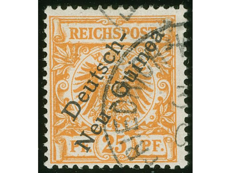 1897, Aufdruckausgabe 25 Pfg. gelblichorange, mit Plattenfehler “farbiger Punkt neben linker unterer Bandrolle”, gestempelt “