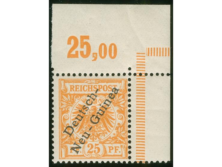 1897, Aufdruckausgabe 25 Pfg. gelblichorange, rechte obere Bogenecke mit Aufdruckfehler “unterer Bogen des t in Deutsch verkü