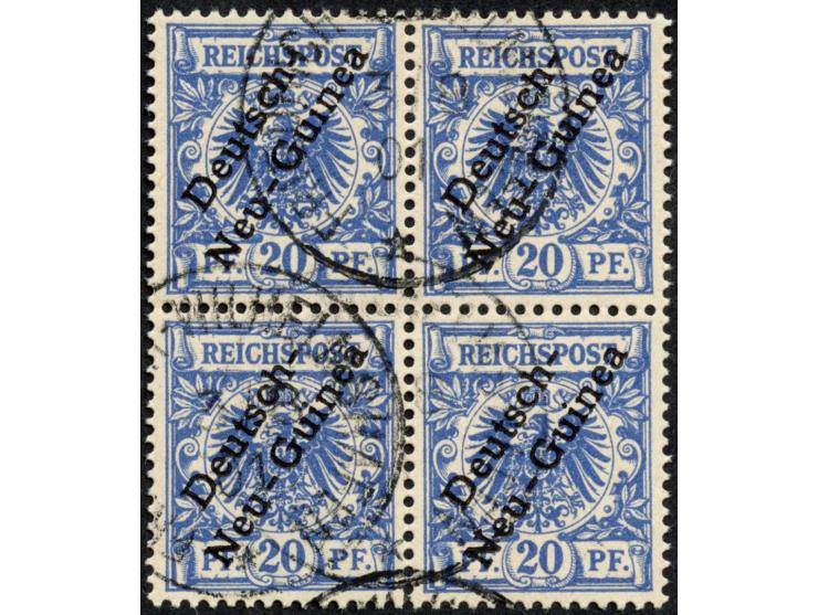 1897, Aufdruckausgabe 20 Pfg. violettultramarin, Viererblock mit Aufdruckfehler “zweites e in Neu-Guinea offen" (Aufdruckfeld