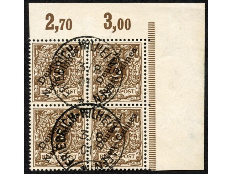1897, Aufdruckausgabe 3 Pfg. dunkelockerbraun, Viererblock, rechte obere Bogenecke mit Aufdruckfehler “unterer Bogen des t in