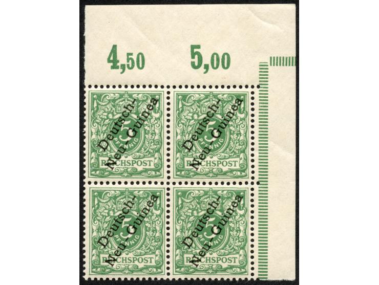 1897, Aufdruckausgabe 5 Pfg. Opalgrün, Viererblock, rechte obere Bogenecke mit Aufdruckfehler “unterer Bogen des t in Deutsch