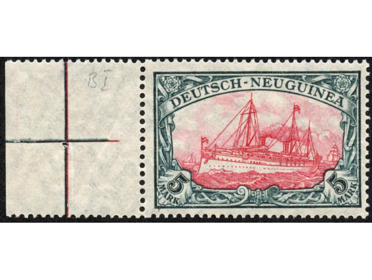 1914/19, Kaiseryacht mit Wz. Kriegsdruck gez. 25:17 Mittelstück Type II 5 M. grünschwarz/rotkarmin, linkes Seitenrandstück, p