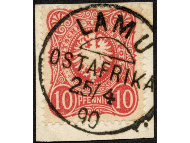 1889/90, Pfennig 10 Pfg. dunkelrosarot, sauber gestempelt “LAMU OSTAFRIKA 25/4 90” auf Briefstück, tadellos, Befund Steuer BP