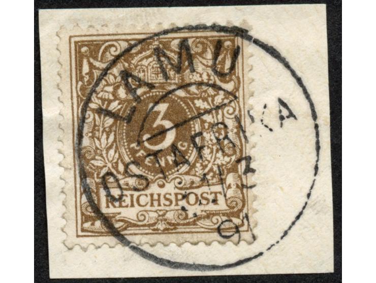 1890/91, Krone/Adler 3 Pfg. gelblichbraun, sauber gestempelt “LAMU 31/3 91” (Letzttag) auf Briefstück, tadellos, sign. Bothe&