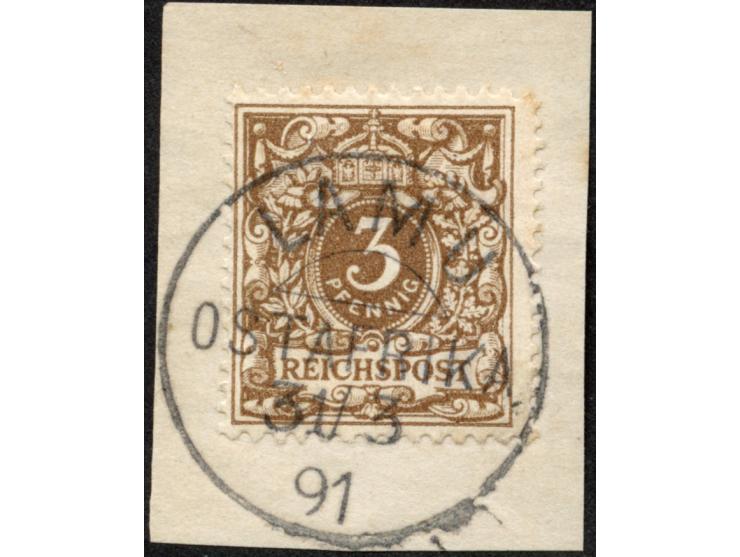 1890/91, Krone/Adler 3 Pfg. gelblichbraun, mit Plattenfehler “Bruch der Bandrolle rechts unten”, sauber gestempelt “LAMU 31/3