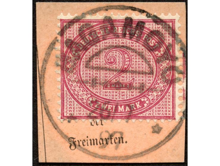 1890/99, Innendienst 2 M. dunkelrotkarmin, sauber gestempelt “BAGAMOYO 26/7 97” auf Postanweisungsausschnitt, tadellos, Kurzb