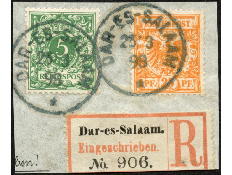 1890/99, Krone/Adler 25 Pfg. gelblichorange und 5 Pfg. lebhaftopalgrün, sauber gestempelt mit grünlichschwarzem “DAR-ES-SALAA