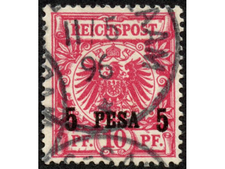 1893, waagerechter Aufdruck 15,4 mm breit 5 P. auf 10 Pfg. rotkarmin, dunkelrot quarzend, sauber gestempelt “DAR-ES-SALAAM 11