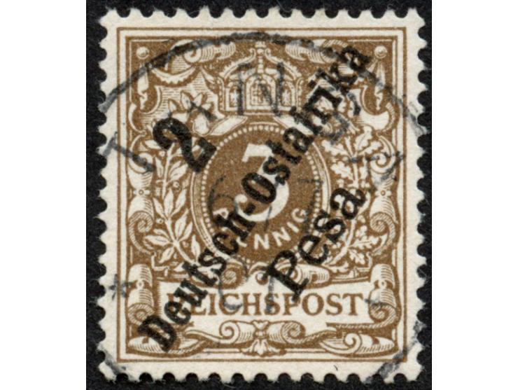 1896, diagonaler Aufdruck 2 P. auf 3 Pfg. dunkelockerbraun, mit Plattenfehler “Bruch der Bandrolle rechts unten” , sauber ges