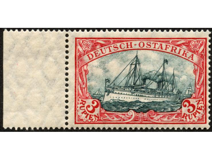 1905/20, Kaiseryacht mit Wz. Friedensdruck gez. 26:17 3 R. dunkelrot/grünschwarz, linkes Seitenrandstück mit Plattenfehler “R