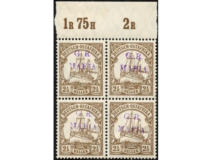 1915, G.R. MAFIA Handstempelaufdruck in schwärzlichviolett: 2 ½ H. lebhaftockerbraun, Oberrandviererblock, postfrisch, linke 