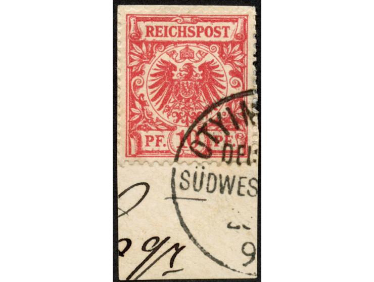 1891, Krone/Adler 10 Pfg. lebhaftrosabraun, braun quarzend, sauber gestempelt “OTYIMBINGUE” auf Briefstück, tadellos, Kurzbef