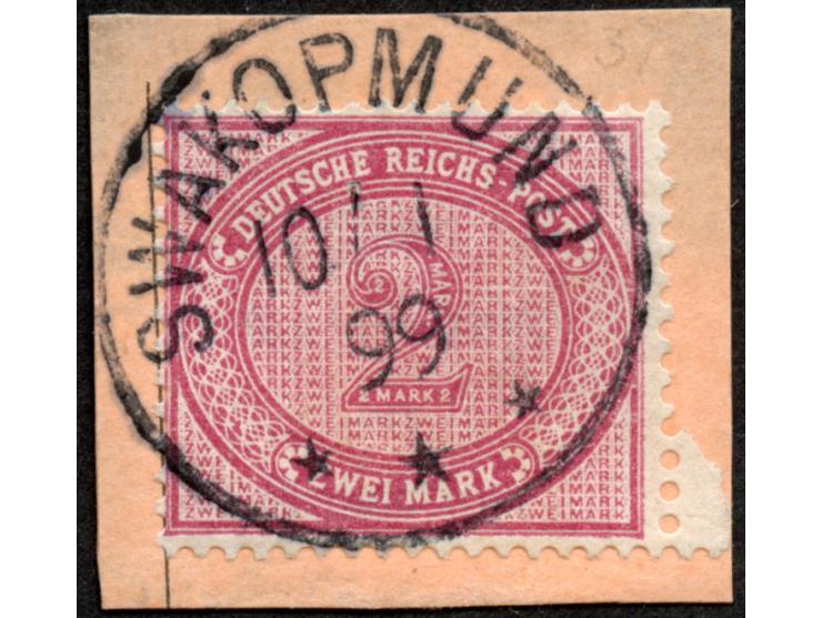 1892/99, Innendienst 2 M. dunkelrotkarmin, mit Plattenfehler “große Unterbrechung in der Guilloche unten links”, sauber geste