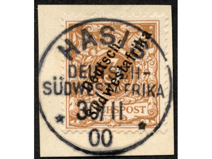 1898/99, Deutsch-Südwestafrika 3 Pfg. lebhaftbraunocker, sauber gestempelt HASIS DSWA 30/11 00" auf Briefstück, tadellos, sig