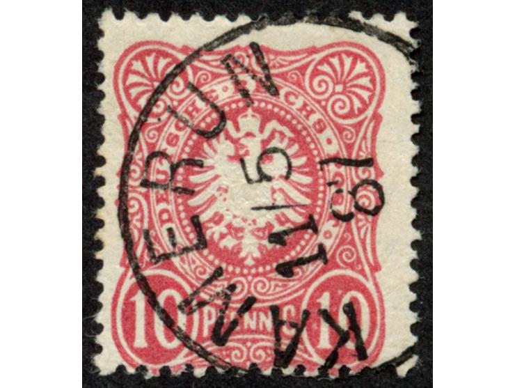 1887/89, Pfennig 10 Pfg. dunkelrosarot, mittelbraunorange quarzend, sauber gestempelt “KAMERUN 11/5 87”, tadellos, sign. Steu