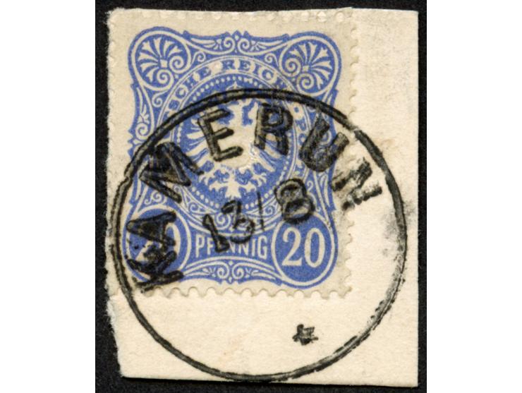 1887/89, Pfennig 20 Pfg. dunkelultramarin, sauber gestempelt “KAMERUN * 13/8” (ohne Jahreszahl) auf Briefstück, tadellos, Kur