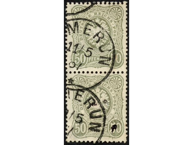 1887/89, Pfennig 50 Pfg. olivgrau, senkrechtes Paar mit Plattenfehler “kleine Mittelspitze oben” (Feld 43) bei der unteren Ma