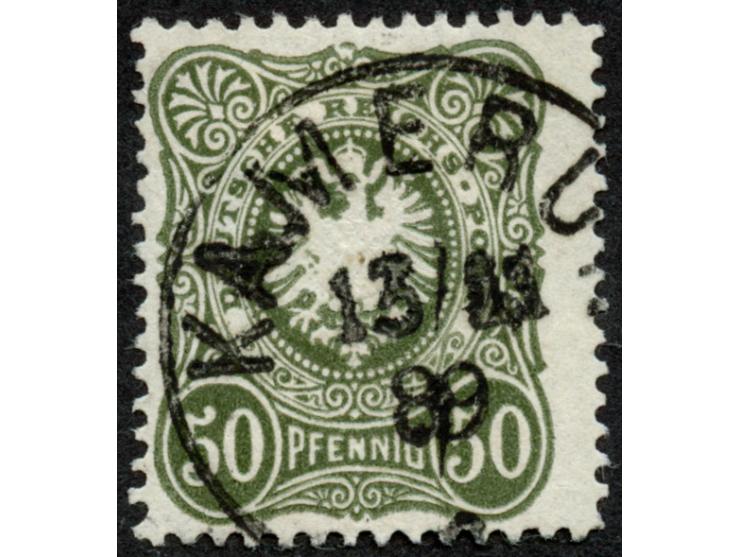 1887/89, Pfennig 50 Pfg. dunkeloliv, mit Plattenfehler “aufgebrochene Spitze Mitte oben”, sauber gestempelt “KAMERUN 13/11 89