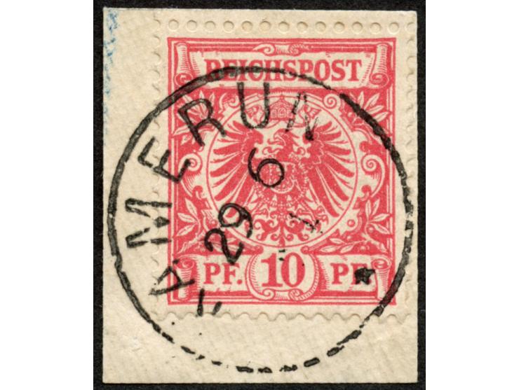 1890/1900, Krone/Adler 10 Pfg. mittelkarminrot, ocker quarzend, sauber gestempelt “KAMERUN 29/6 94” auf Briefstück, tadellos,